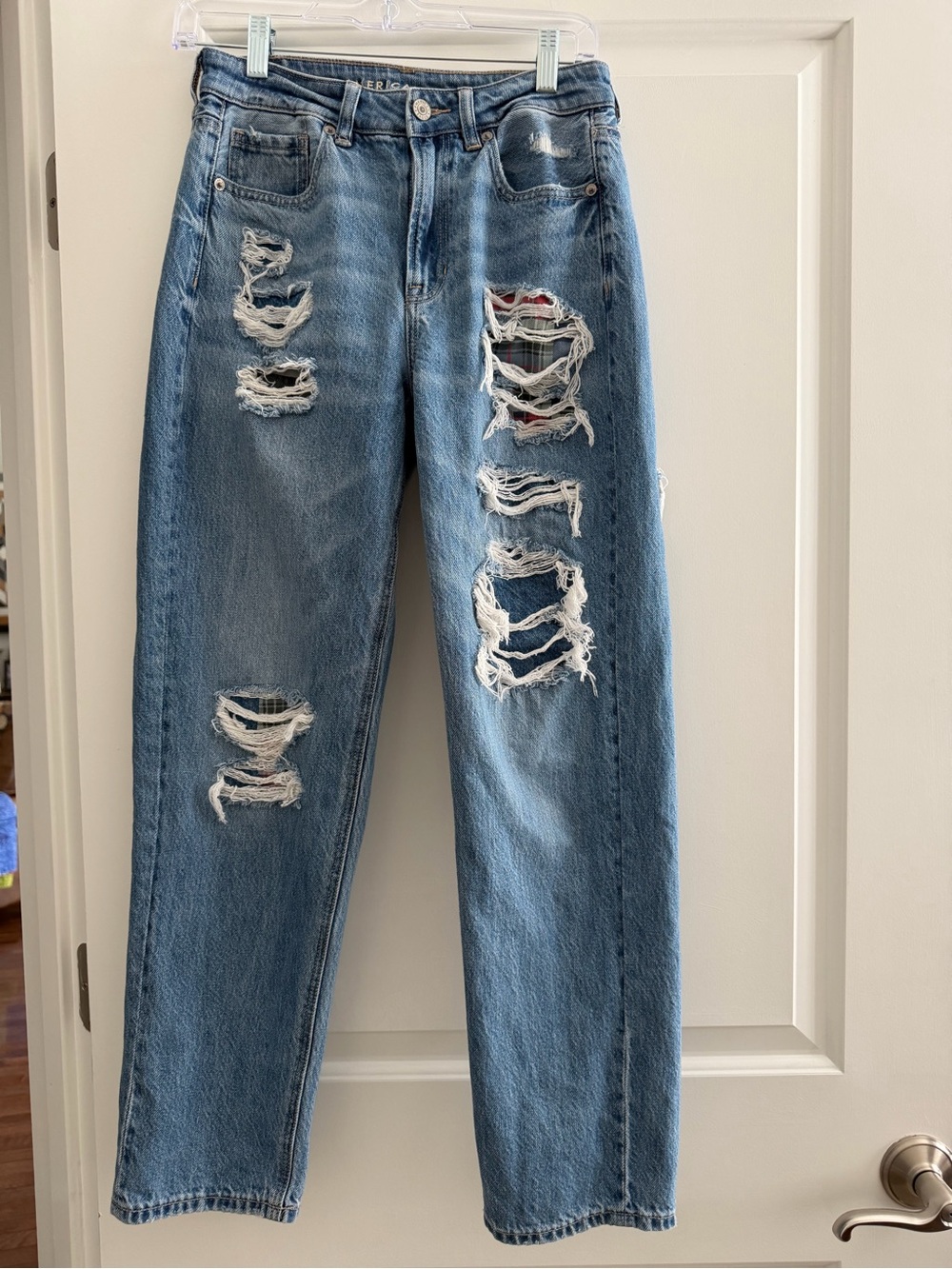 American Eagle Mom Distressed Plaid Patch Ripped Jeans